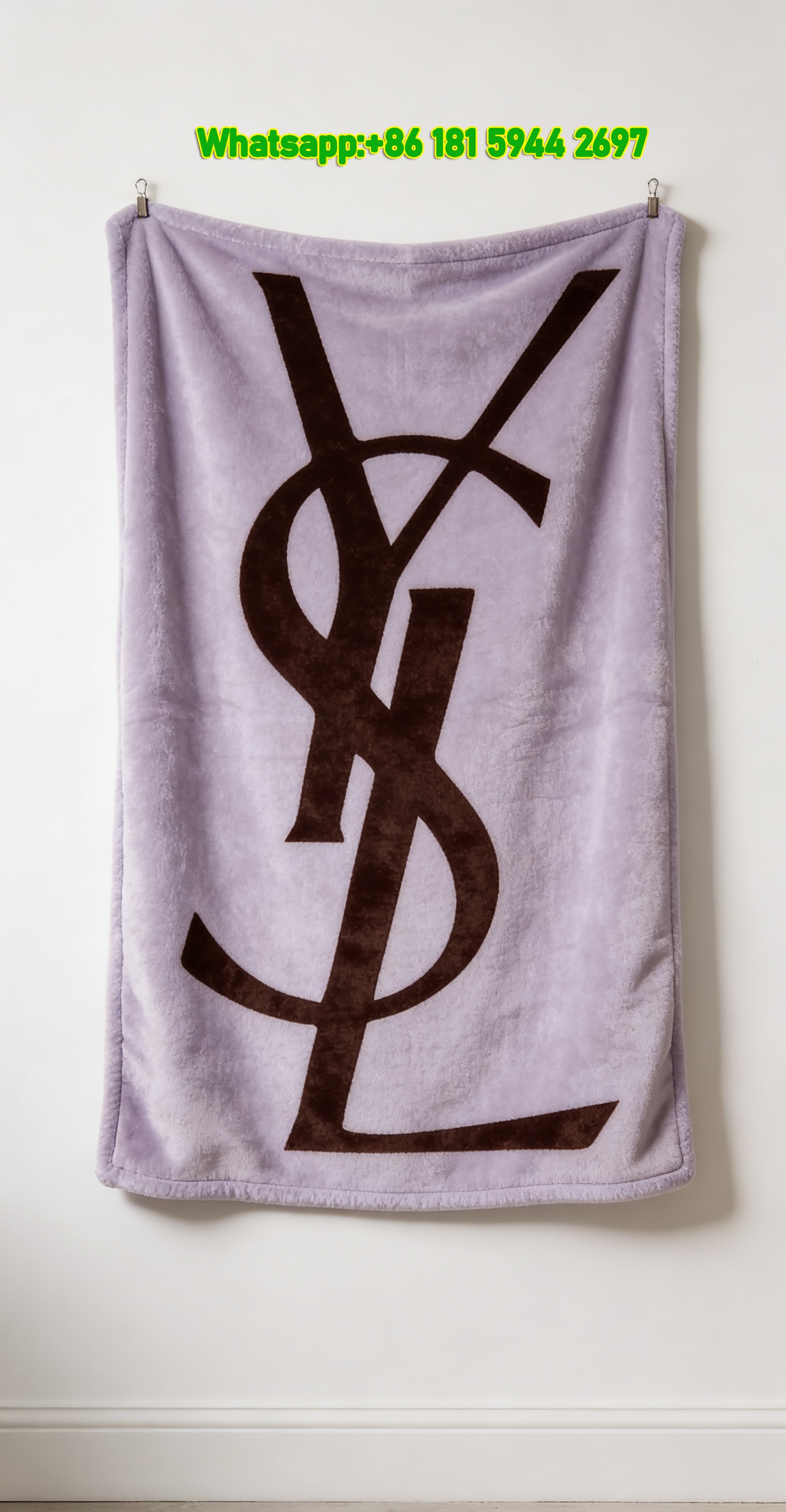 Yves Saint Laurent YSL Dark Brown Logo on Light Lavender Background Print Flannel Sofa Throw Blanket Luxury Minimalist Decor Blanket IMG_3251